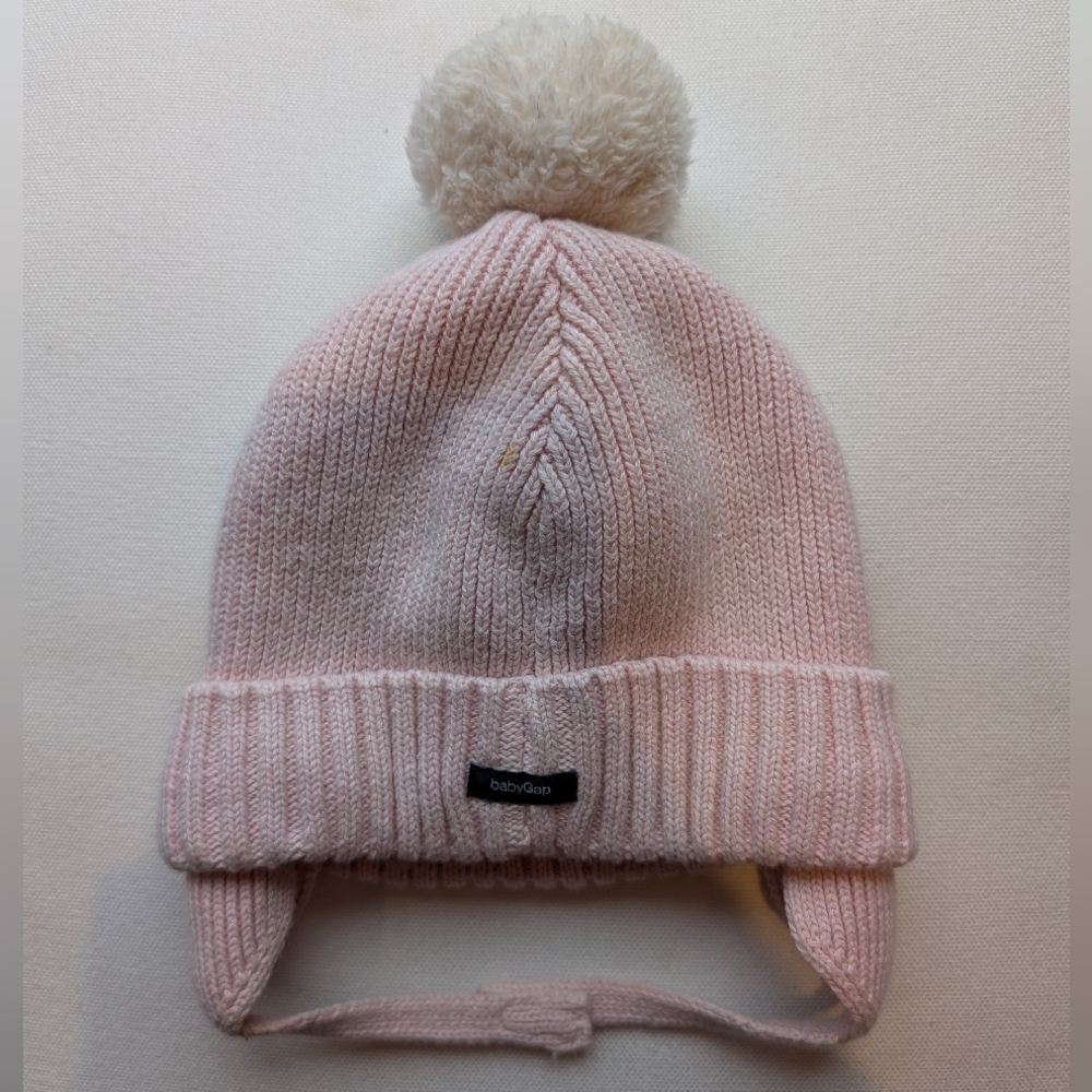 Gap Pink Knit Chin Strap Pom Pom Hat 6-12M